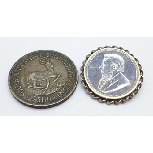 1014 - A South African 1947 five shillings and an 1892 two shillings set as a brooch