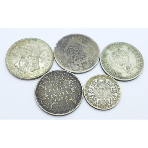 1015 - A George III 1816 half crown, a Victorian 1890 one rupee, a George VI one rupee and two other coins