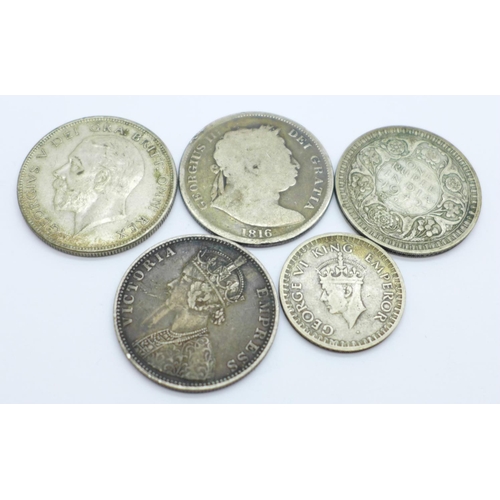 1015 - A George III 1816 half crown, a Victorian 1890 one rupee, a George VI one rupee and two other coins