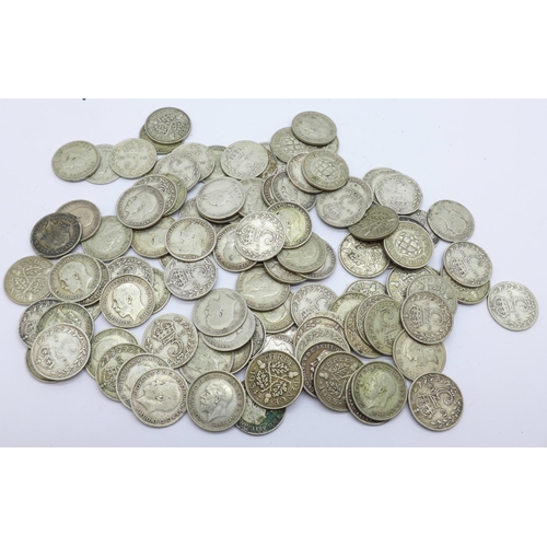 1017 - A collection of 3d coins;- twelve Victorian, 15.8g, fifty-nine Edwardian and other pre 1920, 81.1g, ... 