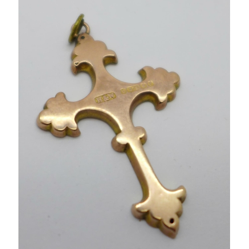 1029 - A 9ct gold cross pendant, Birmingham 1905, 1.3g, 25mm x 38mm