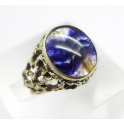 1037 - A 1960's bold pierced work Blue John ring set in silver, M