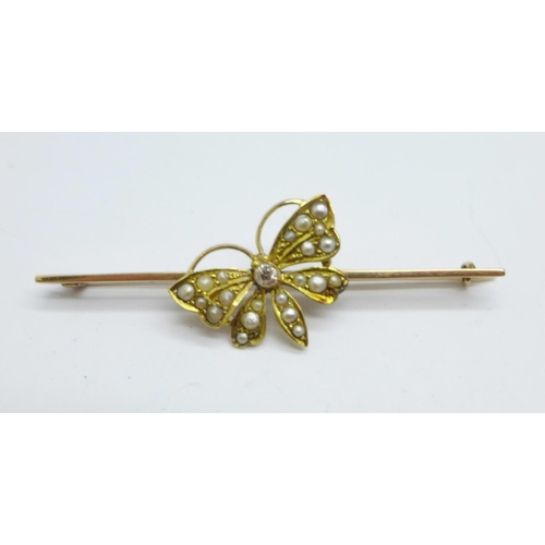 1050 - A yellow metal, pearl and diamond butterfly brooch, 4.3g, bar 6cm