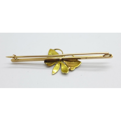 1050 - A yellow metal, pearl and diamond butterfly brooch, 4.3g, bar 6cm