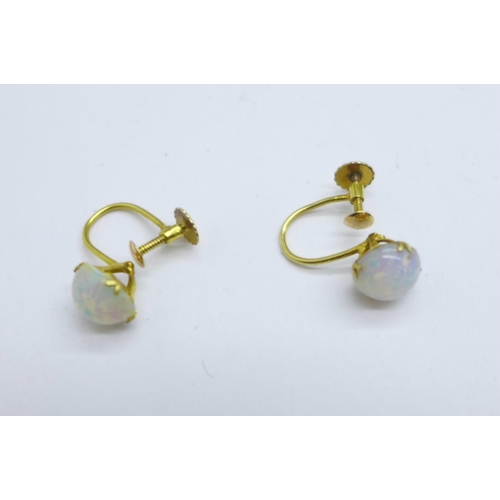 1055 - A pair of 9ct gold screw back earrings set with coloured cabochon stones