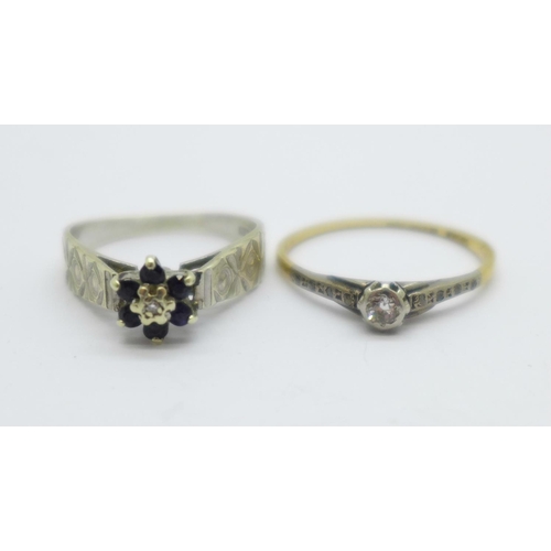 1066 - A 9ct white gold, sapphire and diamond ring, shank worn, 2.2g, K, and an 18ct gold and diamond ring,... 