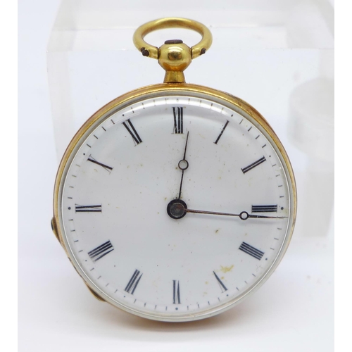 1073 - A lady's 18ct gold cased fob watch, the case back enamelled and set with old cut diamonds, enamel a/... 