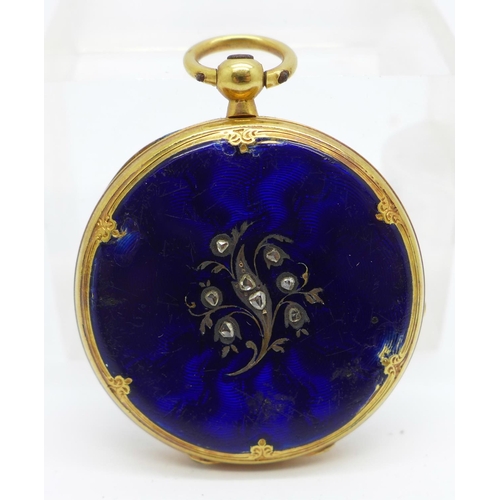 1073 - A lady's 18ct gold cased fob watch, the case back enamelled and set with old cut diamonds, enamel a/... 