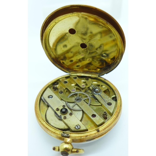 1073 - A lady's 18ct gold cased fob watch, the case back enamelled and set with old cut diamonds, enamel a/... 