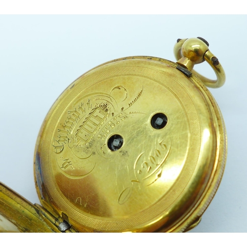 1073 - A lady's 18ct gold cased fob watch, the case back enamelled and set with old cut diamonds, enamel a/... 