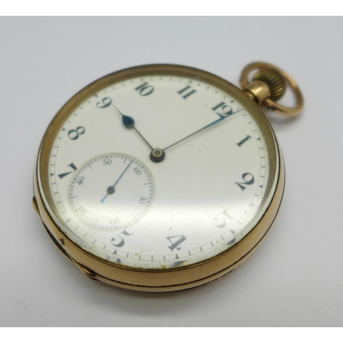 1074 - A 9ct gold cased top-wind pocket watch, total weight 71.7g, London import mark for 1908