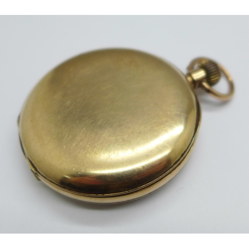 1074 - A 9ct gold cased top-wind pocket watch, total weight 71.7g, London import mark for 1908