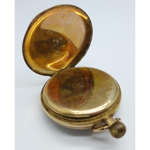 1074 - A 9ct gold cased top-wind pocket watch, total weight 71.7g, London import mark for 1908