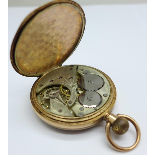 1074 - A 9ct gold cased top-wind pocket watch, total weight 71.7g, London import mark for 1908