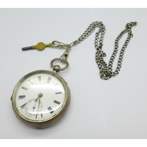 1075 - A silver cased pocket watch and chain