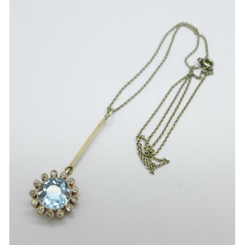 1076 - A white and yellow metal set, aquamarine and diamond cluster pendant on a platinum chain, tests as h... 