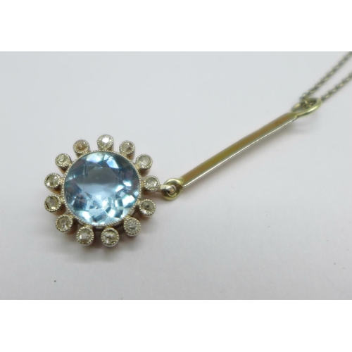 1076 - A white and yellow metal set, aquamarine and diamond cluster pendant on a platinum chain, tests as h... 