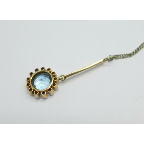 1076 - A white and yellow metal set, aquamarine and diamond cluster pendant on a platinum chain, tests as h... 