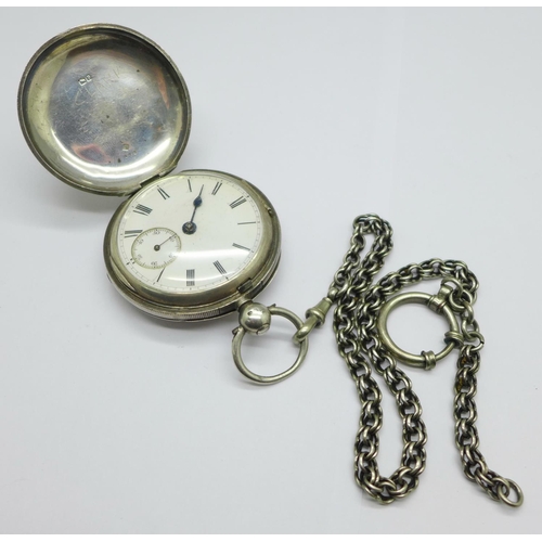 1084 - A silver cased hunter pocket watch, Clarke, London, with chain, hinges a/f