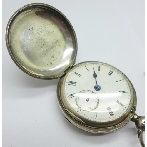 1084 - A silver cased hunter pocket watch, Clarke, London, with chain, hinges a/f