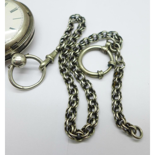 1084 - A silver cased hunter pocket watch, Clarke, London, with chain, hinges a/f