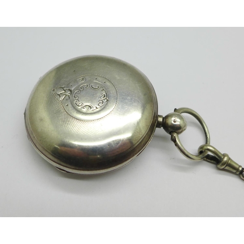 1084 - A silver cased hunter pocket watch, Clarke, London, with chain, hinges a/f