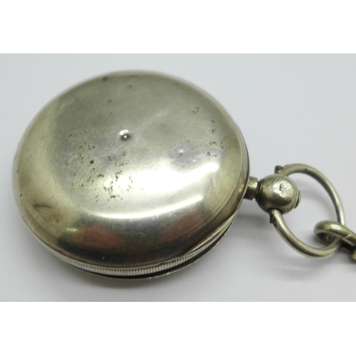 1084 - A silver cased hunter pocket watch, Clarke, London, with chain, hinges a/f