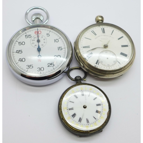 1086 - A silver pocket watch, an 800 silver fob watch, both a/f, and a stop-watch