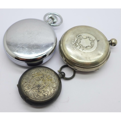 1086 - A silver pocket watch, an 800 silver fob watch, both a/f, and a stop-watch