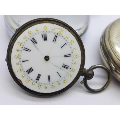 1086 - A silver pocket watch, an 800 silver fob watch, both a/f, and a stop-watch