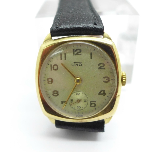 1088 - A 9ct gold cased Uno wristwatch, the case back bears inscription dated 1957, 27mm case