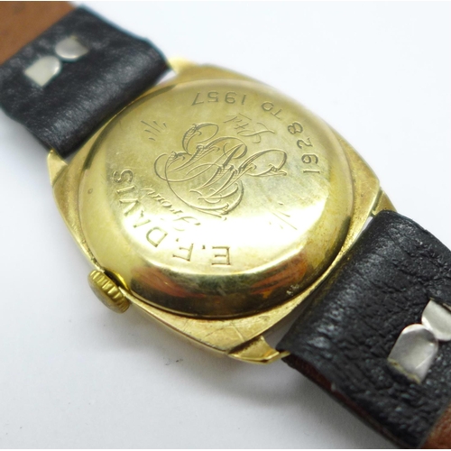 1088 - A 9ct gold cased Uno wristwatch, the case back bears inscription dated 1957, 27mm case