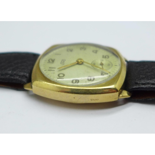 1088 - A 9ct gold cased Uno wristwatch, the case back bears inscription dated 1957, 27mm case