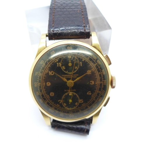 1104 - A Mirador chronograph wristwatch with black dial, the case back marked 18k and 0.750, 37mm case, cas... 