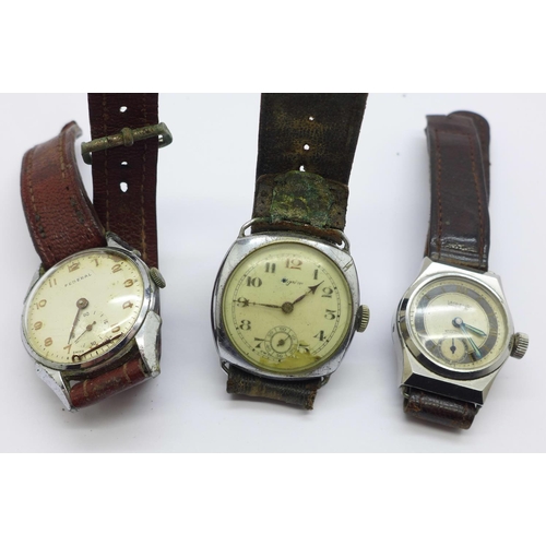 1105 - Three wristwatches; Federal, hand loose, Laco-Sport and one other, a/f