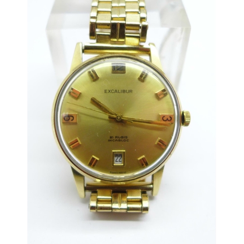 1111 - A 9ct gold cased Excalibur automatic wristwatch, (Tissot 1481 movement), rolled gold bracelet