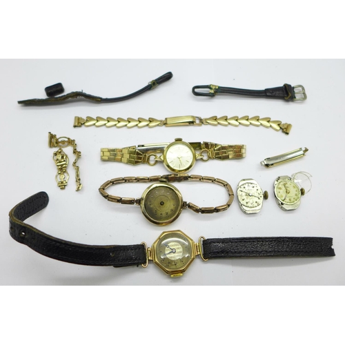 1124 - A lady's 9ct gold wristwatch with hexagonal shaped case, a Tissot wristwatch, two movements, etc.