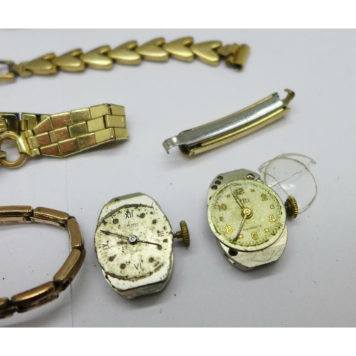 1124 - A lady's 9ct gold wristwatch with hexagonal shaped case, a Tissot wristwatch, two movements, etc.