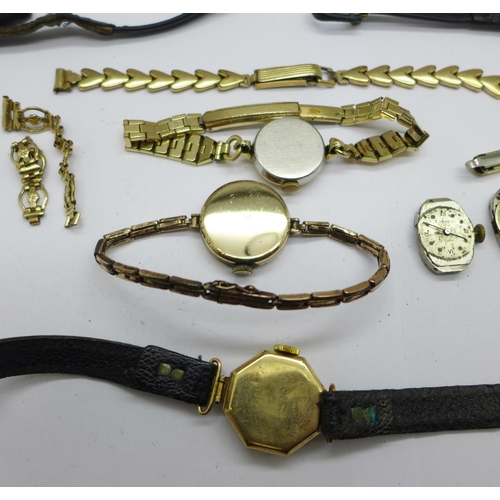 1124 - A lady's 9ct gold wristwatch with hexagonal shaped case, a Tissot wristwatch, two movements, etc.