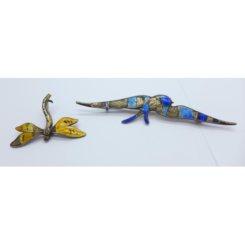 1134 - Two hallmarked silver and enamel brooches, bird brooch by Charles Horner, both a/f