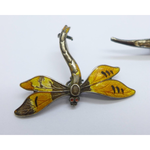 1134 - Two hallmarked silver and enamel brooches, bird brooch by Charles Horner, both a/f