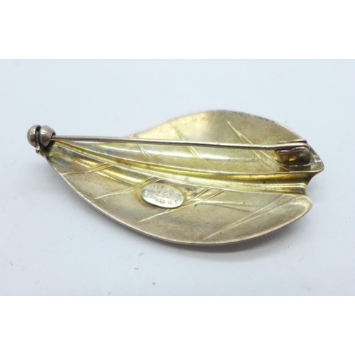 1145 - A sterling silver Danish leaf brooch marked M.S.