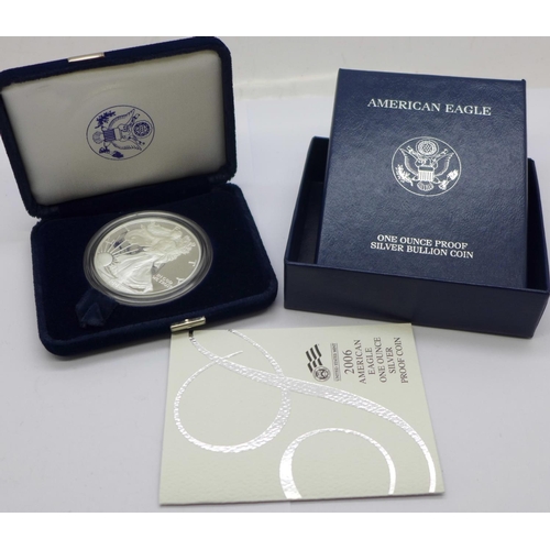 1159 - A 2006 American Eagle one ounce .999 silver proof $1 coin, West Point mint, with box and certificate