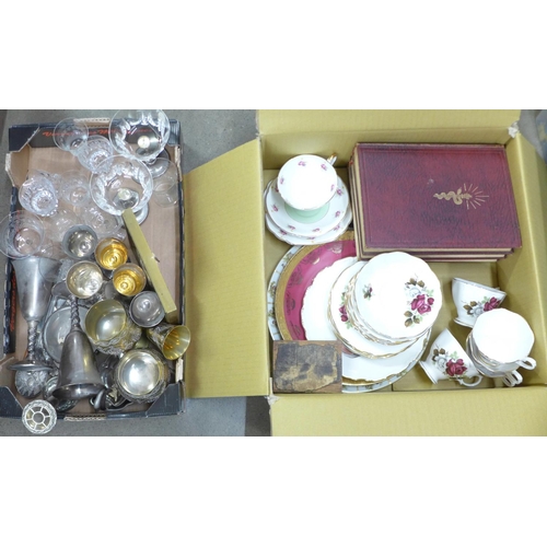 1162 - Two boxes of mixed china and glass including etched and lead crystal, plated ware, brassware and thr... 