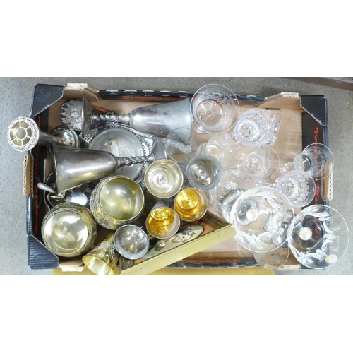 1162 - Two boxes of mixed china and glass including etched and lead crystal, plated ware, brassware and thr... 