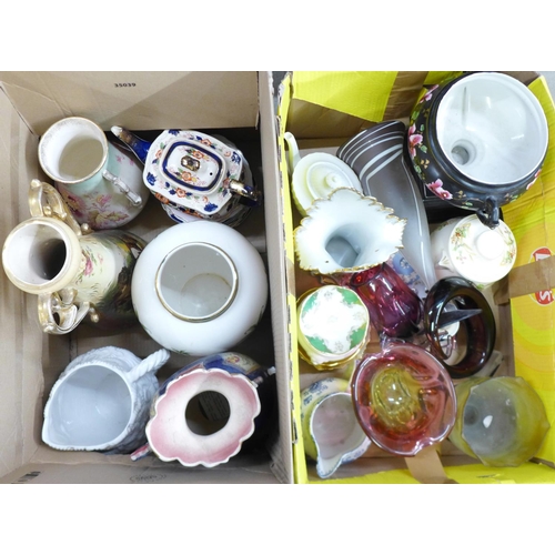 1175 - Two heavy studio glass vases, decorative vases, jugs, Imari teapot, etc. **PLEASE NOTE THIS LOT IS N... 