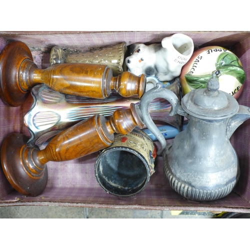 1177 - A pair of wooden candlesticks, soda syphon, vintage tins, hip flask, pewter, etc. **PLEASE NOTE THIS... 