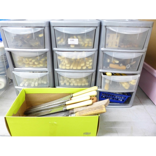 1185 - Two sets of plastic drawers with mixed cutlery and a collection of knives and knife sharpeners**PLEA... 