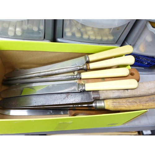 1185 - Two sets of plastic drawers with mixed cutlery and a collection of knives and knife sharpeners**PLEA... 