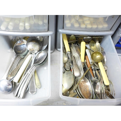 1185 - Two sets of plastic drawers with mixed cutlery and a collection of knives and knife sharpeners**PLEA... 